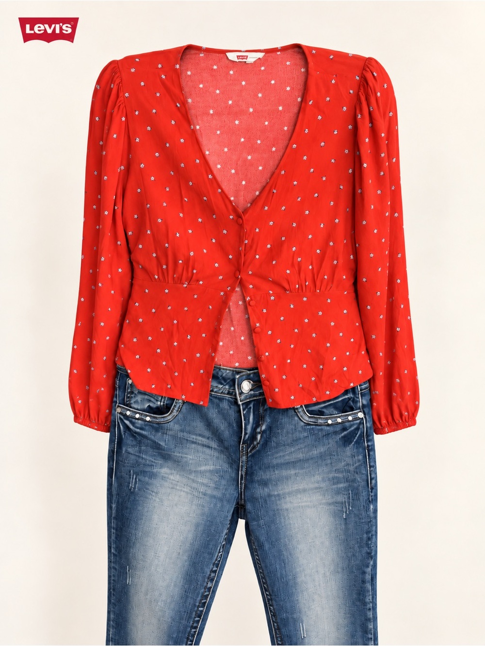 Levi's Red V-Neck Buttoned Peplum Top with Tiny White Print